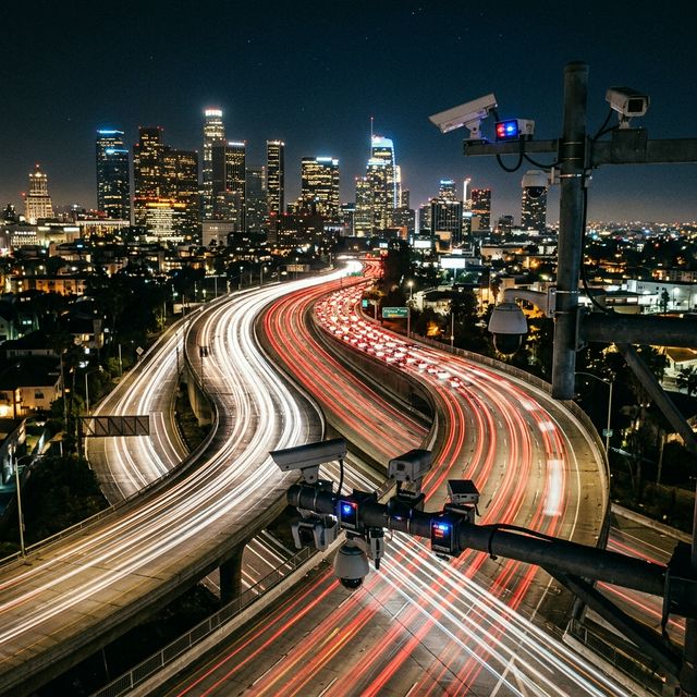 Gece görüşlü güvenlik kamerası ile aydınlatılmış şehir yolu