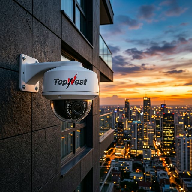 Modern dome güvenlik kamerası şehir manzarası önünde