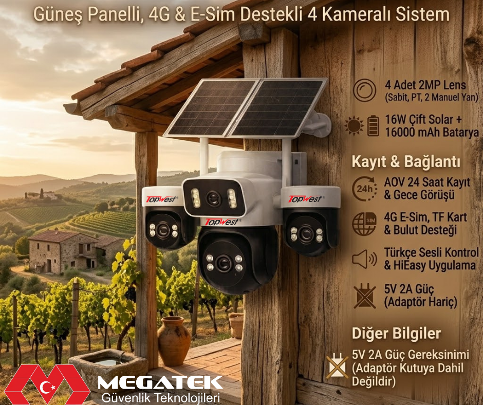 TW-1241-SS Güneş Panelli 4G e-SIM Destekli 4 Lens Kamera